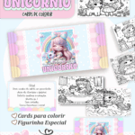 Card de colorir tema A Menina e o Unicórnio